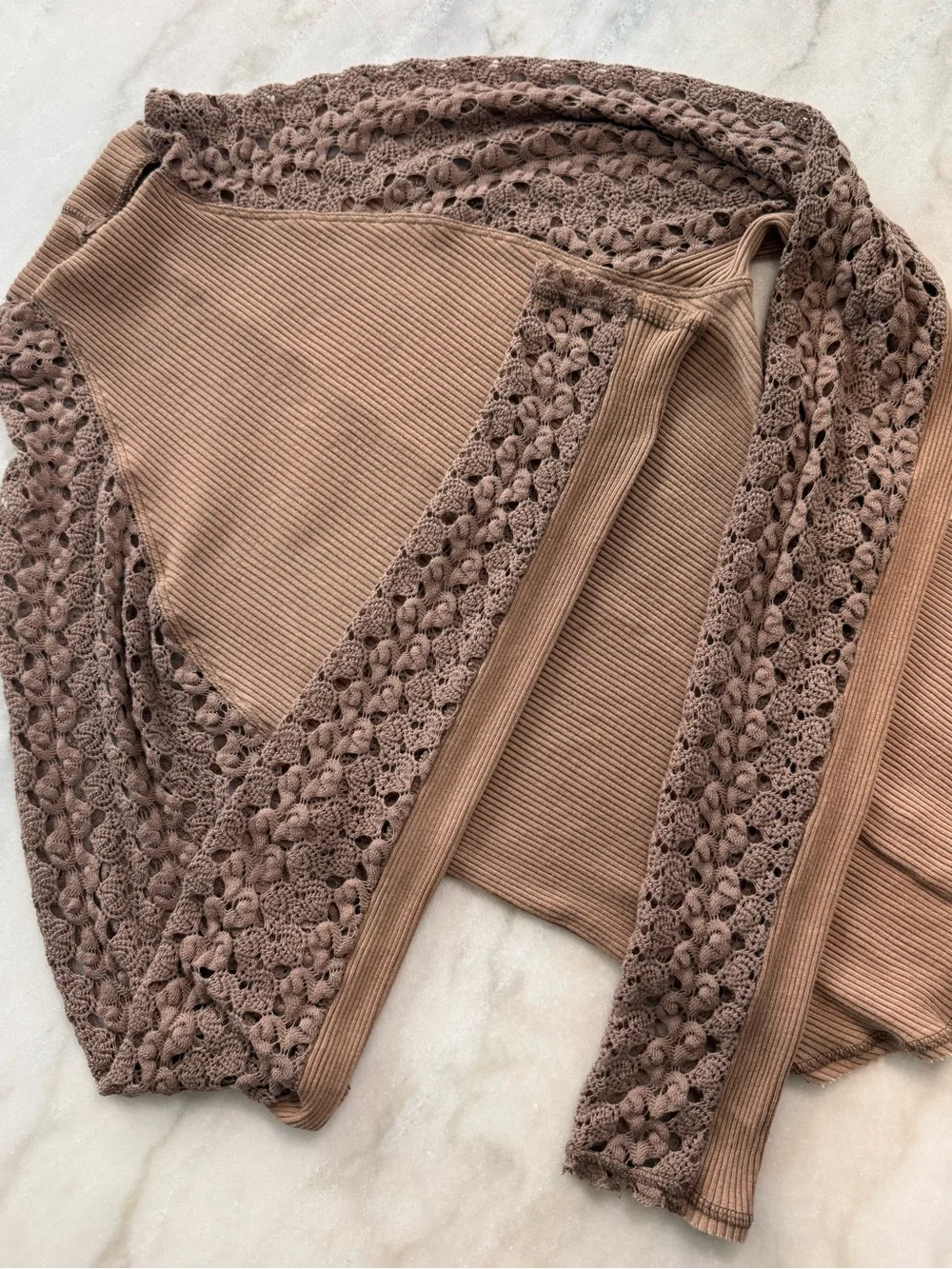 Free People Clemente Mock Neck Lace Sleeve Thermal Top Tan Beige Women Size XL